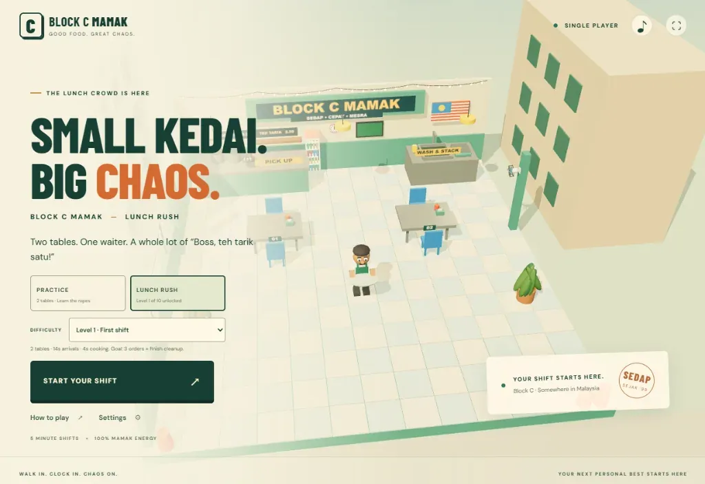 Block C Mamak: Lunch Rush (3D WebGL Simulator)